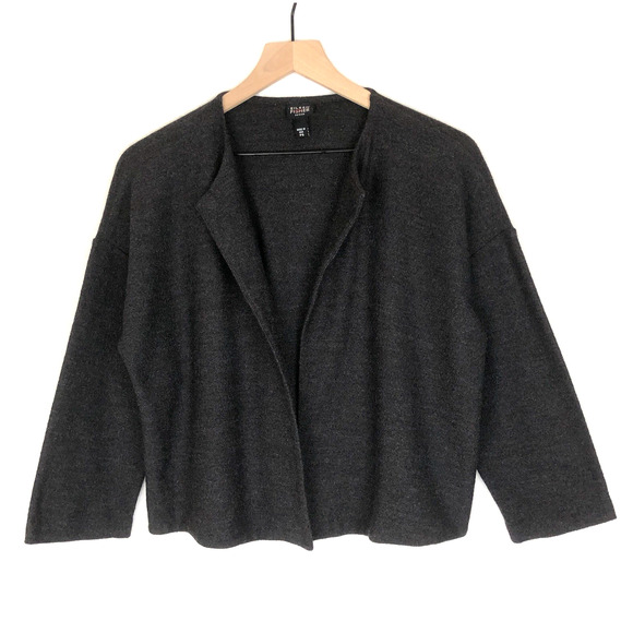 EILEEN FISHER 100% Wool Cardigan Women's Sz PS Petite Charcoal Magnet 3/4 Sleeve - Picture 1 of 7